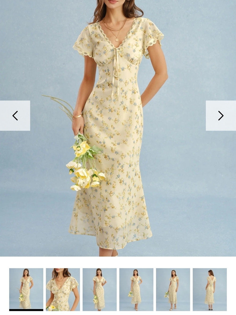 RIHOAS Pale Yellow Floral Midi Dress with Blue Accents